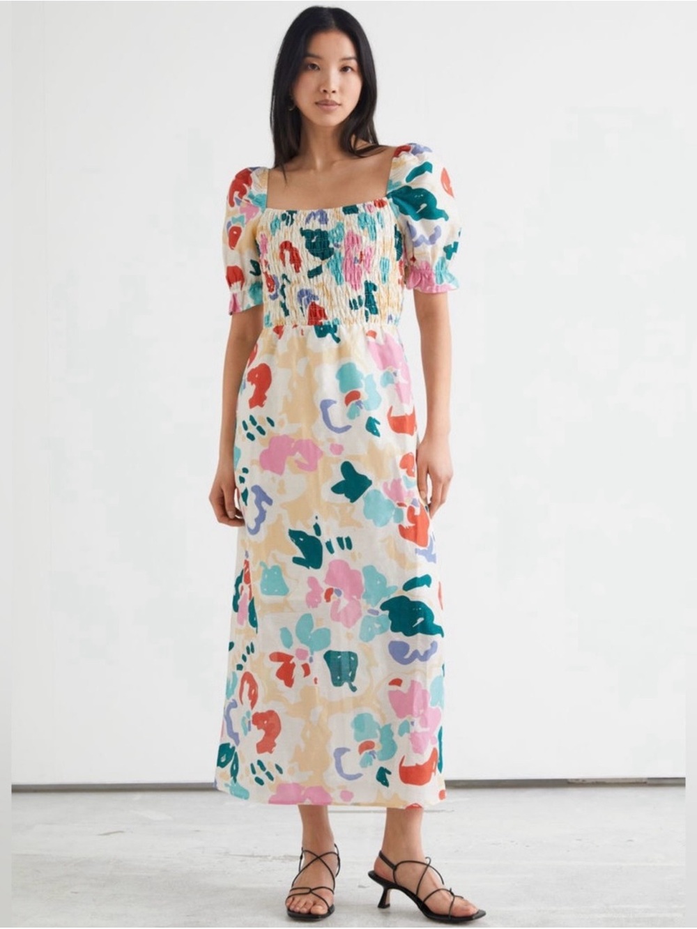 & Other Stories Cream Midi Dress with Multicolor Abstract Print